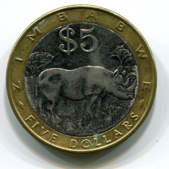 2001 Zimbabwe Bimetallic Rhino $5 Coin (b489-18) - Picture 2 of 2